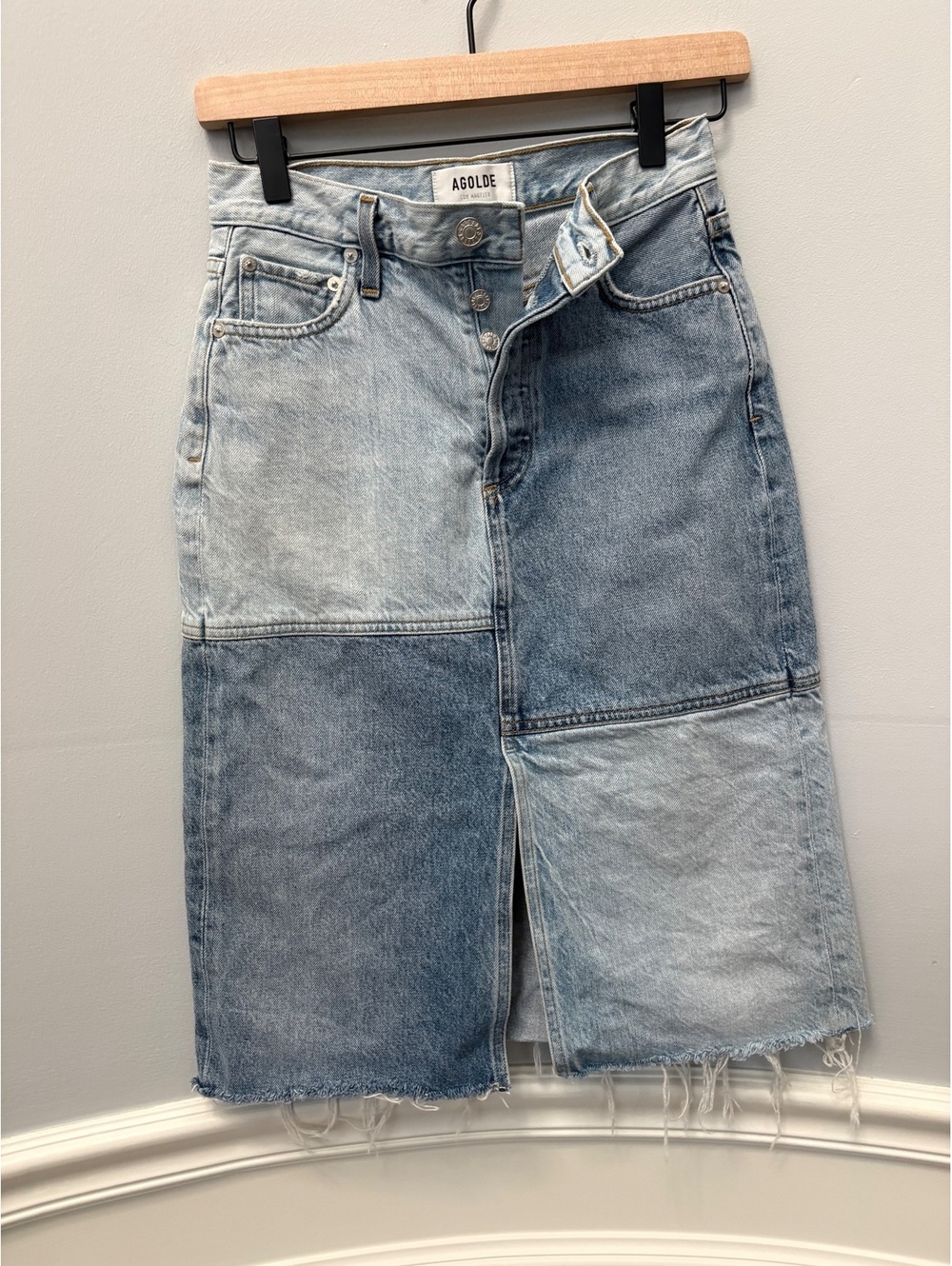 AGOLDE Patchwork Denim Midi Skirt Size 24 with Frayed Hem
